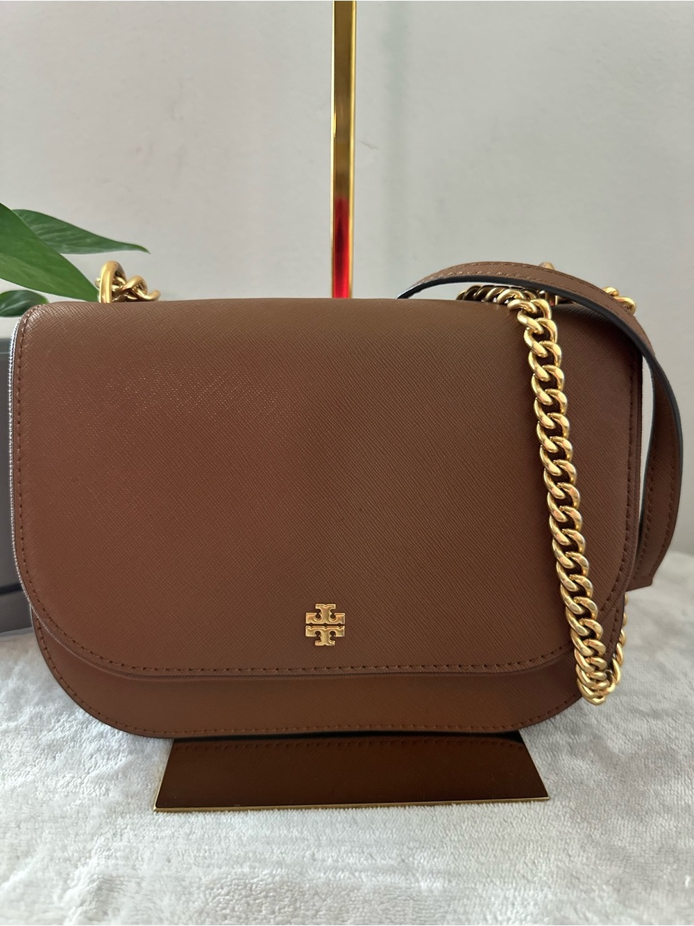 Tory Burch Brown Leather Crossbody with Gold Chain